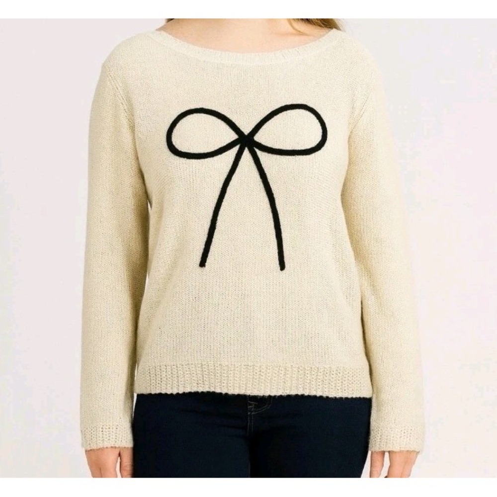 Lauren Conrad Preppy Tinsel Cream Knitted Sweater Bow Detail Size Large‎ Preppy